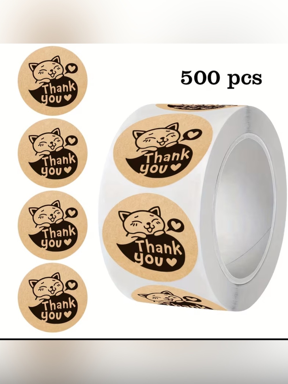 💜 NWT Kraft Paper Cute Cat Thank You Stickers Roll (500 Stickers)